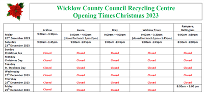 Wicklow County Council Recycling Centre Opening Times Christmas 2023