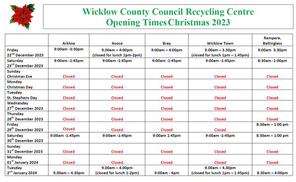Wicklow County Council Recycling Centre Opening Times Christmas 2023