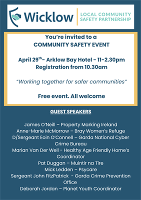 Free Community Safety Event 29th April in the Arklow Bay Hotel