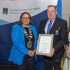 Cathaoirleach of Wicklow County Council Cllr. Dr. Caroline Winstanley and CE of Wicklow County Council Emer O'Gorman make a presentation to Wicklow County GAA Chairman Damien Byrne
